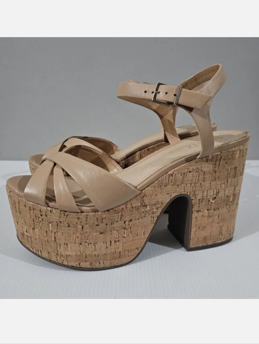Schutz Keefa Platform Cork Sandal Womens 9.5 Beige Leather Cutout Strappy NEW